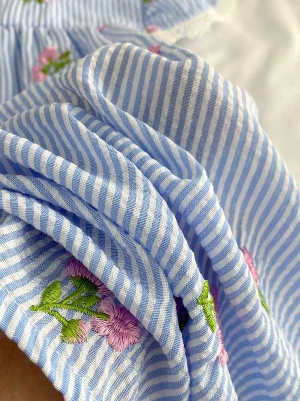 Toddler Blue White Seersucker Embroidered Pink Flowers Lace Ruffle Sleeve Dress